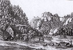 Hohnsteiner Schloßmühle mit Hockstein von C.A.Richter um 1840